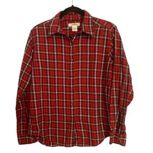 Eddie Bauer Womens Red Plaid Button-Up Shirt Small Long Sleeve 100% Cotton Casua